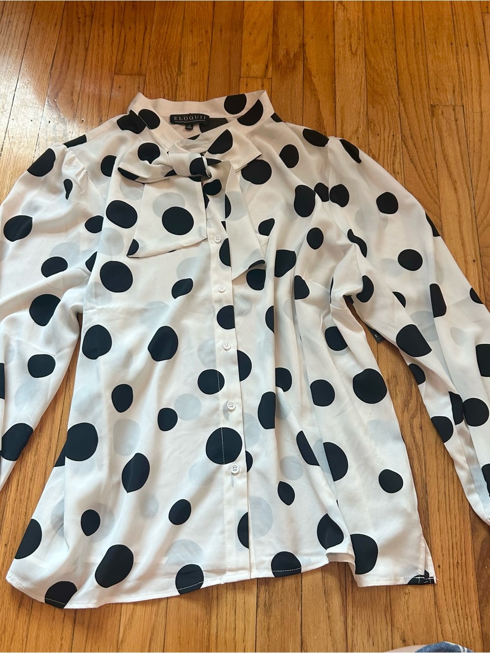 ELOQUII Black & White Polka Dot Tie-Neck Long Sleeve Blouse